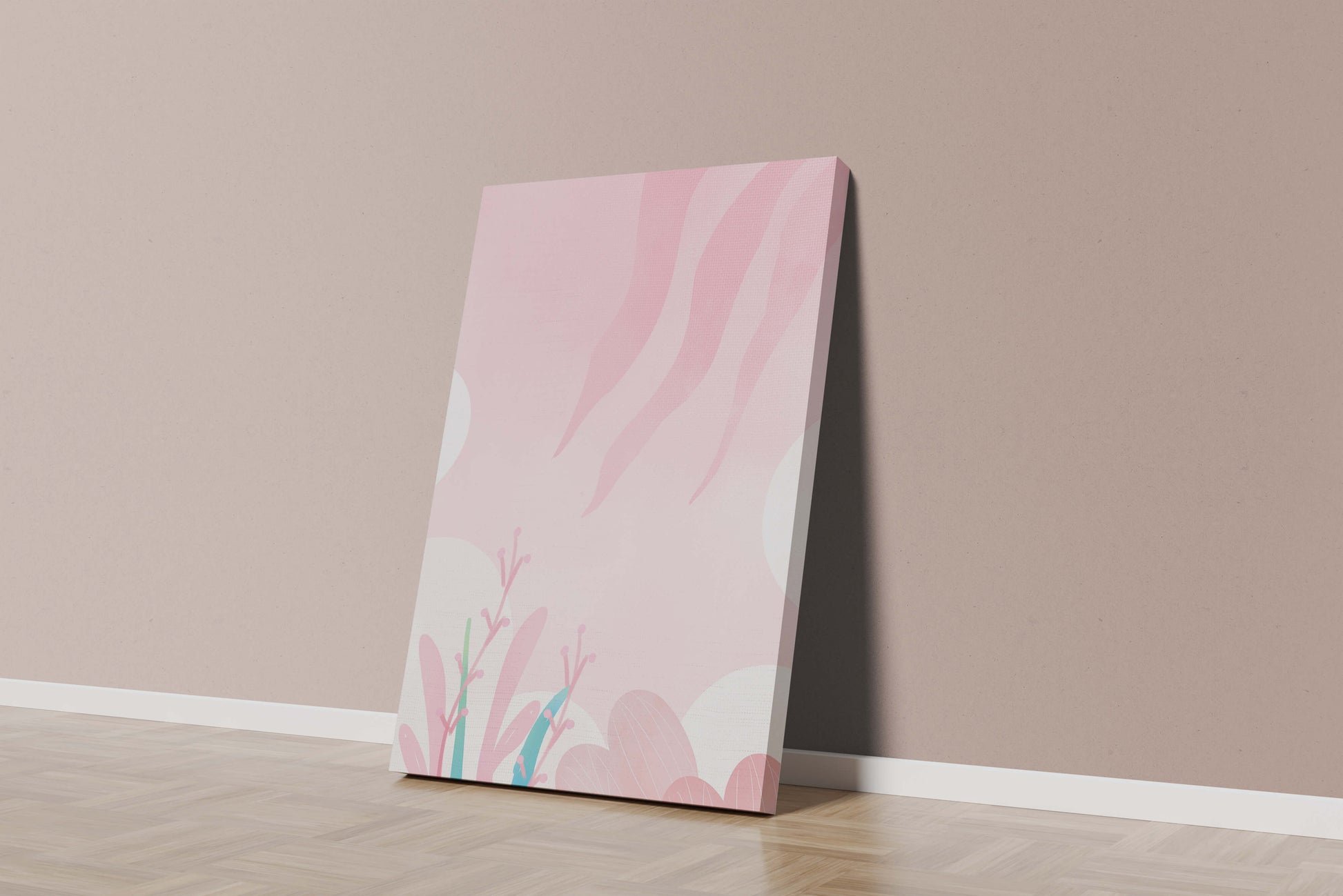 Soft Pink Abstract Floral Design with Stylized Leaves and Waves