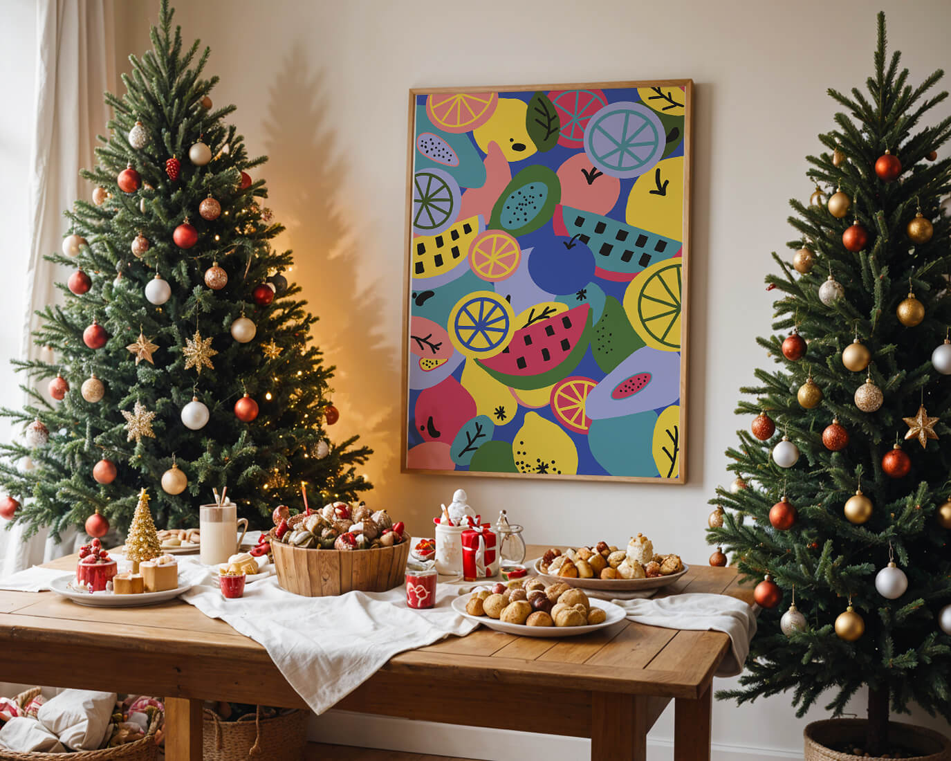 Patrón abstracto de frutas vibrantes con cítricos y melones sobre fondo azul