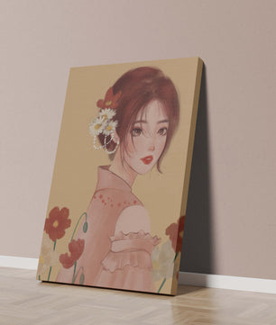 Portrait élégant d'une femme avec des ornements floraux et une expression douce