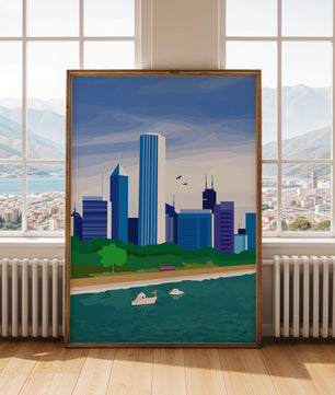 Paisaje urbano moderno con skyline y frente al agua en un estilo vibrante