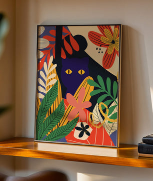 Ilustración abstracta colorida con un gato y patrones florales