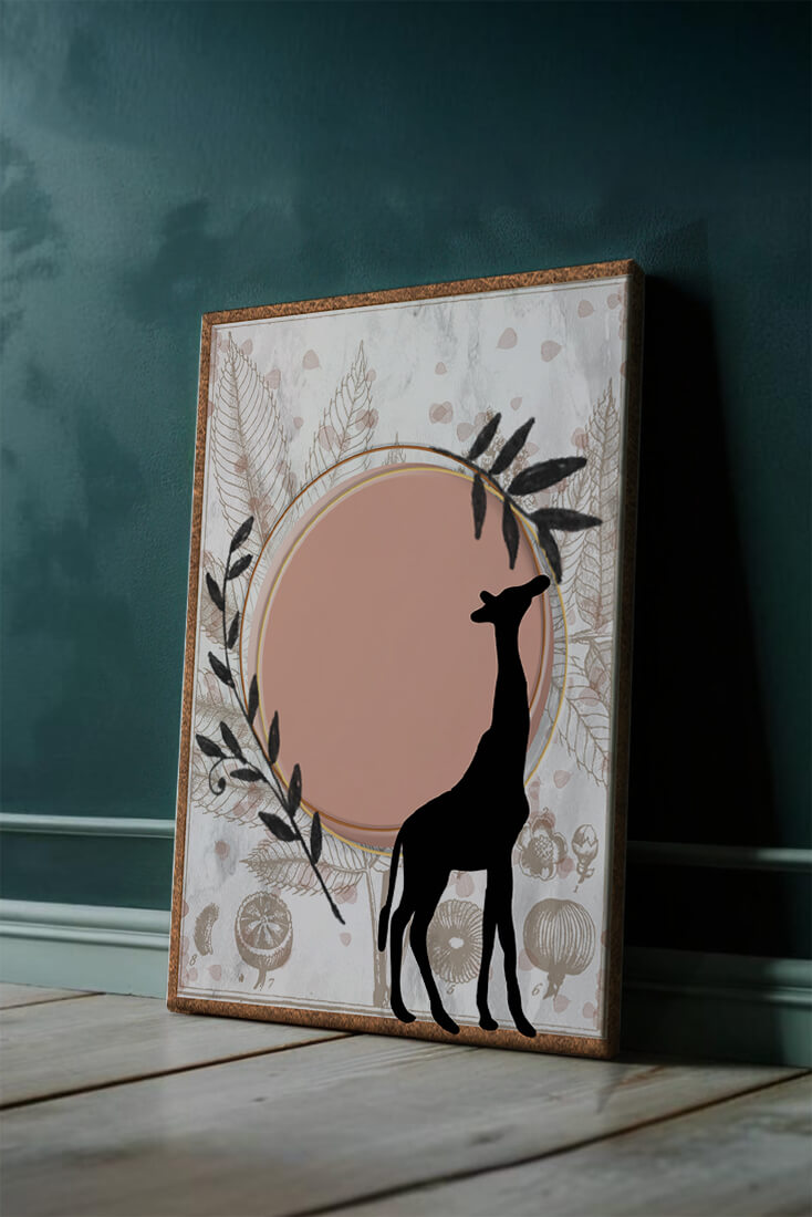 Nature-inspired artwork with giraffe silhouette and botanical elements
