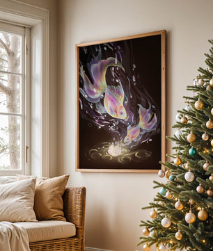 Colorful Koi Fish in a Dreamlike Underwater Scene with Illuminated Elements