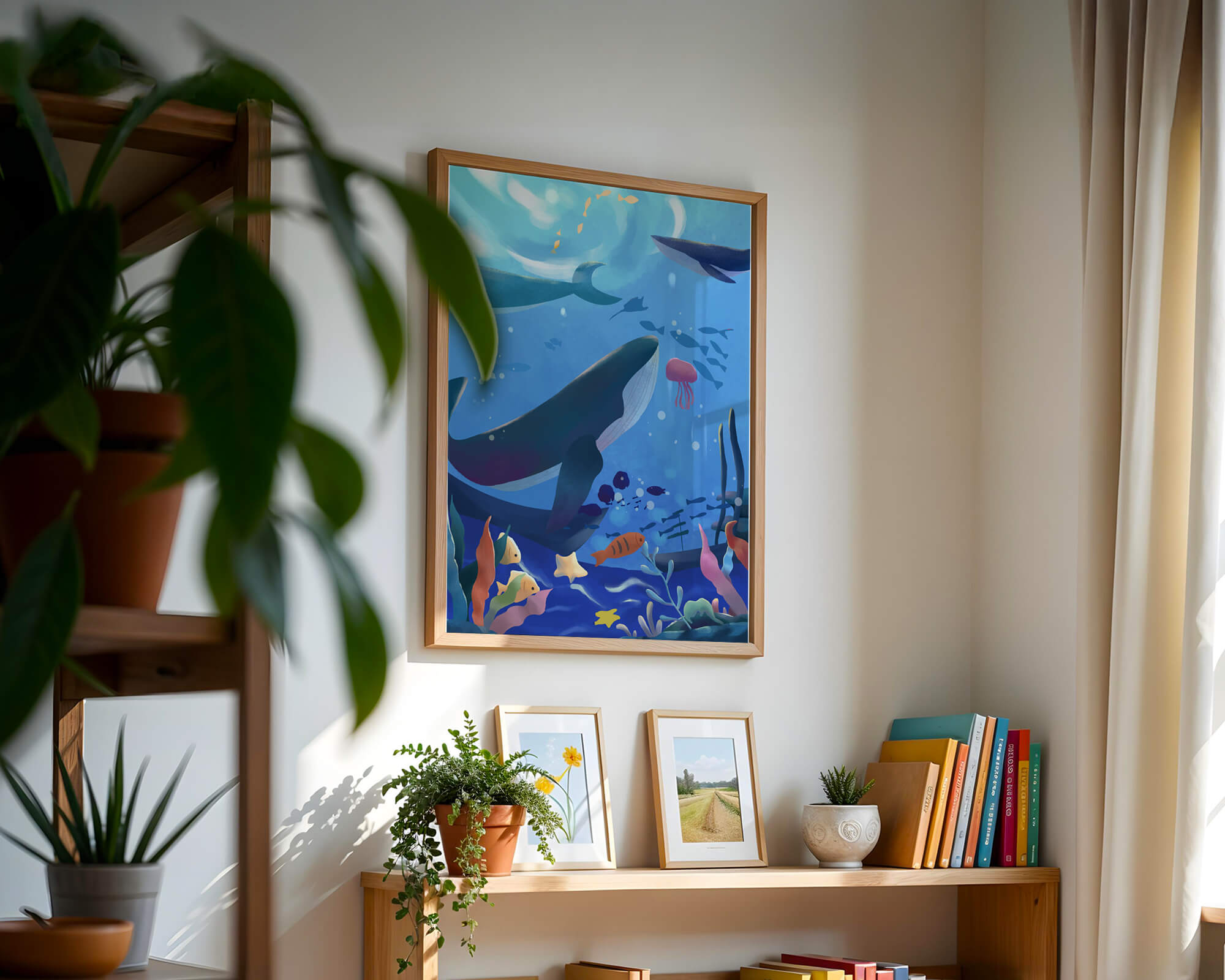 Underwater scene with whales, fish, and coral reef