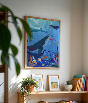 Escena submarina con ballenas, peces y arrecife de coral