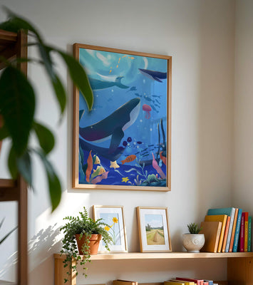 Underwater scene with whales, fish, and coral reef