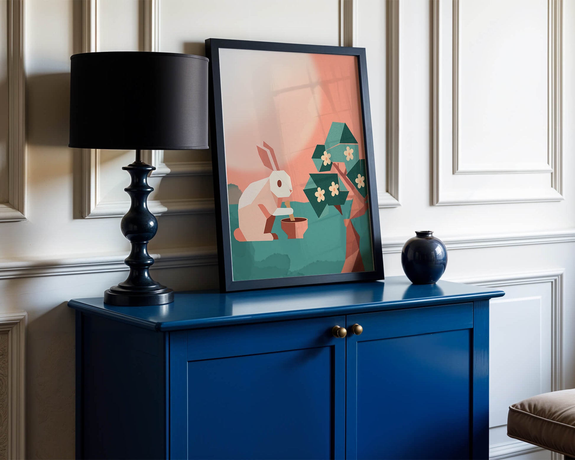 Abstract Origami Rabbit with Mortar and Pestle Under Blossom Tree