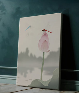 Dragonflies on a Lotus Bud with Serene Landscape