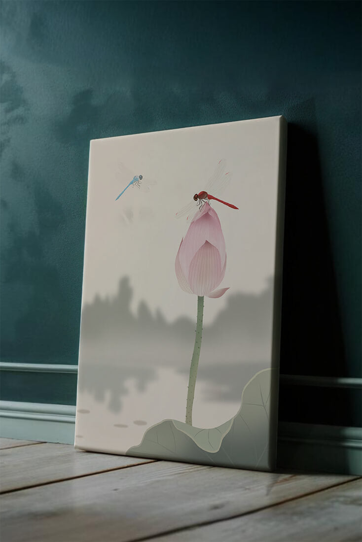 Libélulas sobre un capullo de loto con paisaje sereno