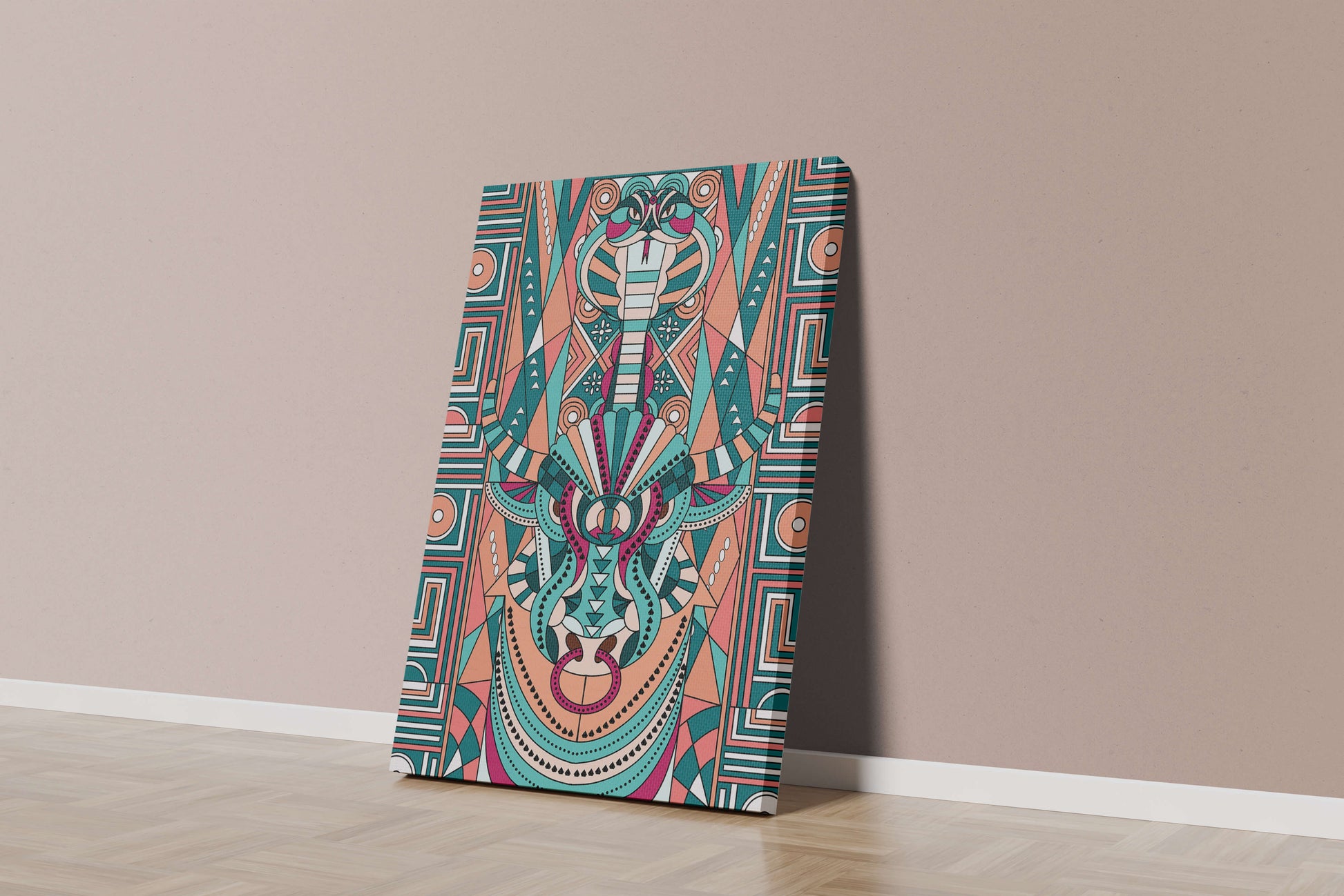 Arte tribal geométrico con motivos de serpiente y toro