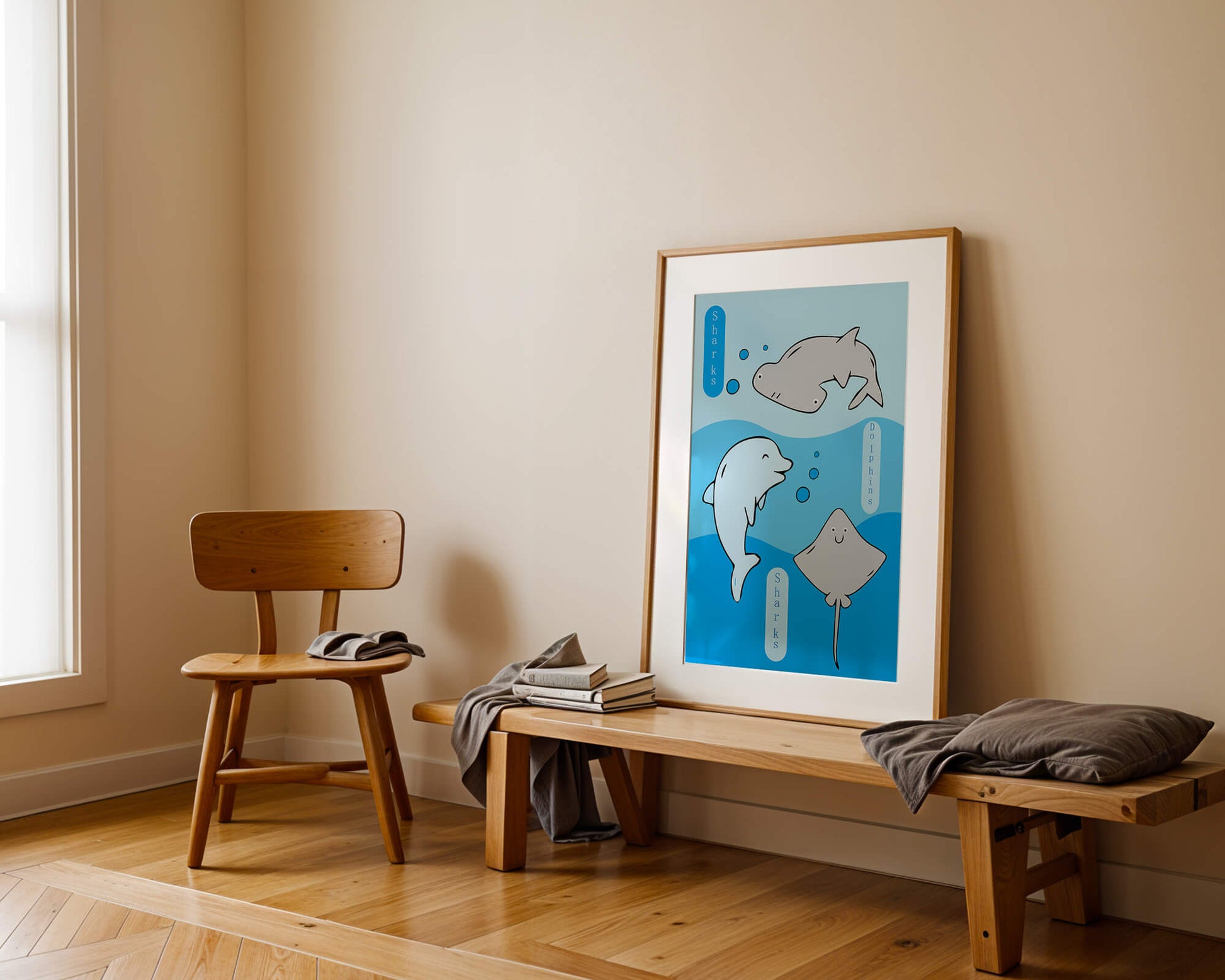 Cartoon sea animals illustration with shark, dolphin, and stingray