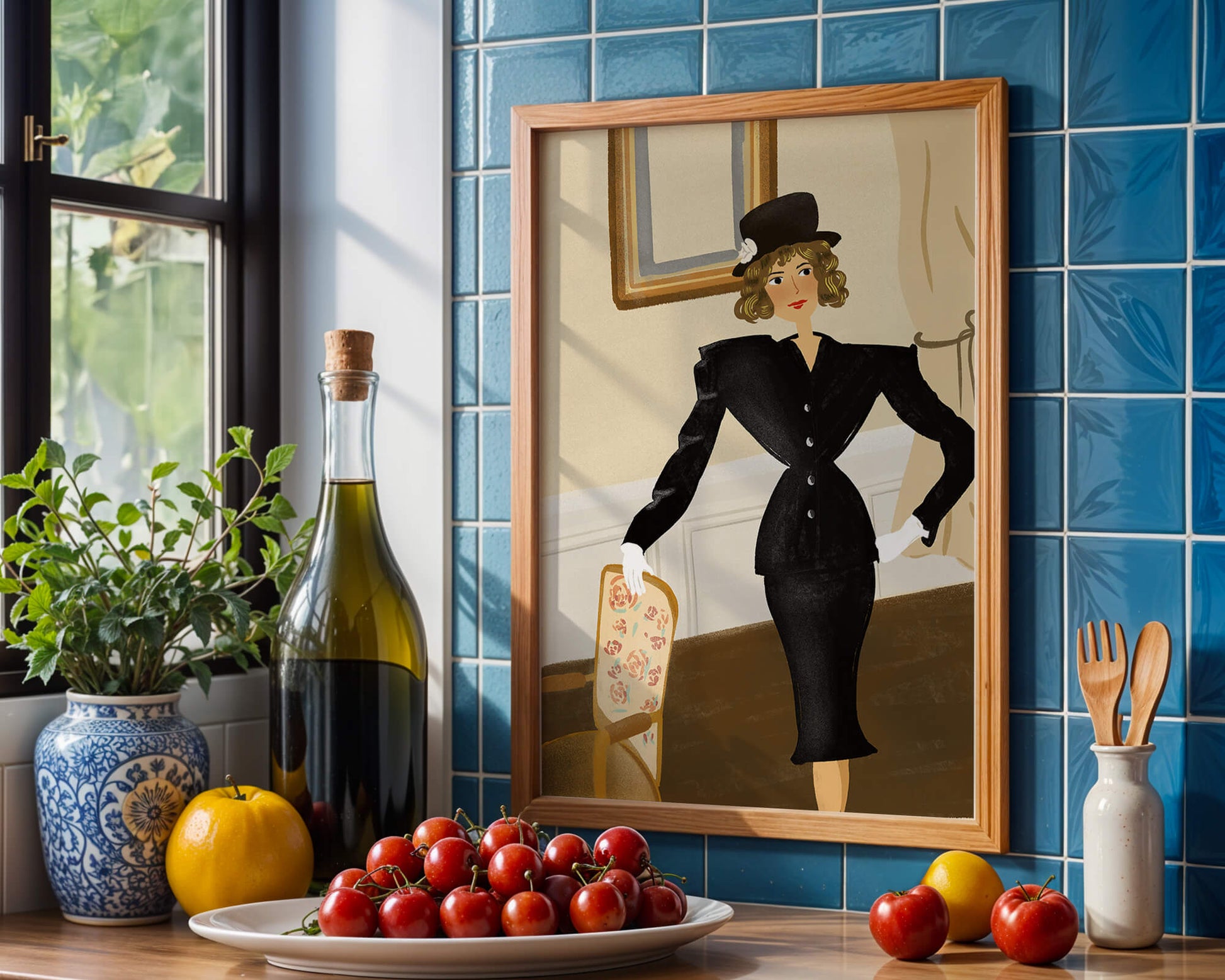 Mujer elegante en moda vintage con traje negro y sombrero