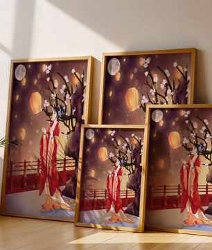 Traditional lantern festival under moonlit sky with cherry blossoms and red bridge
