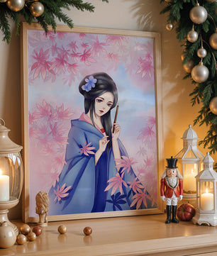 Ilustración elegante de una geisha con kimono azul y hojas rosadas