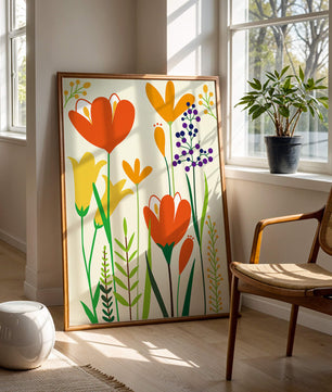 Bright Floral Illustration with Orange, Yellow, and Purple Flowers in Bold Colors