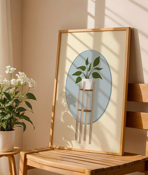 Illustration botanique moderne d'une plante en pot sur un support en bois