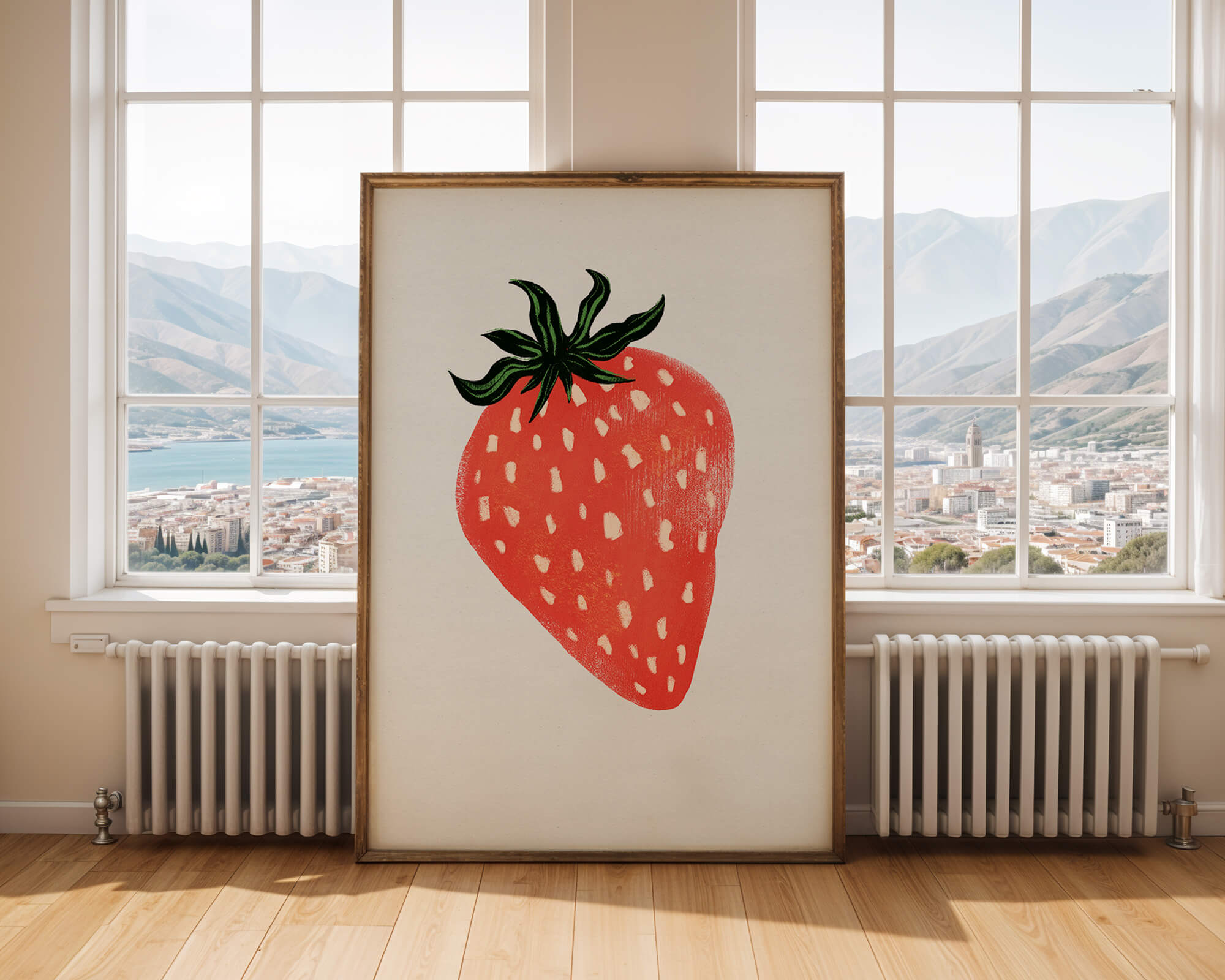 Illustrative design of a vibrant red strawberry with green leaves