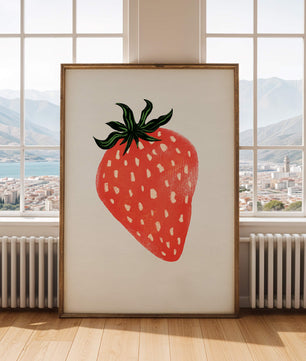 Illustrative design of a vibrant red strawberry with green leaves