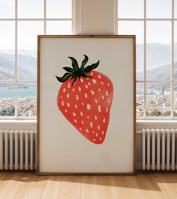 Illustrative design of a vibrant red strawberry with green leaves