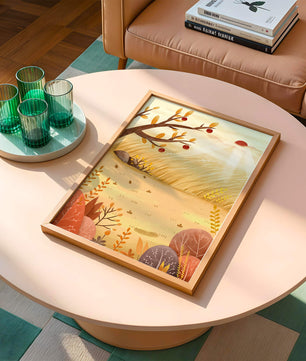 Autumn landscape illustration with apple tree and sunrise in a serene field
