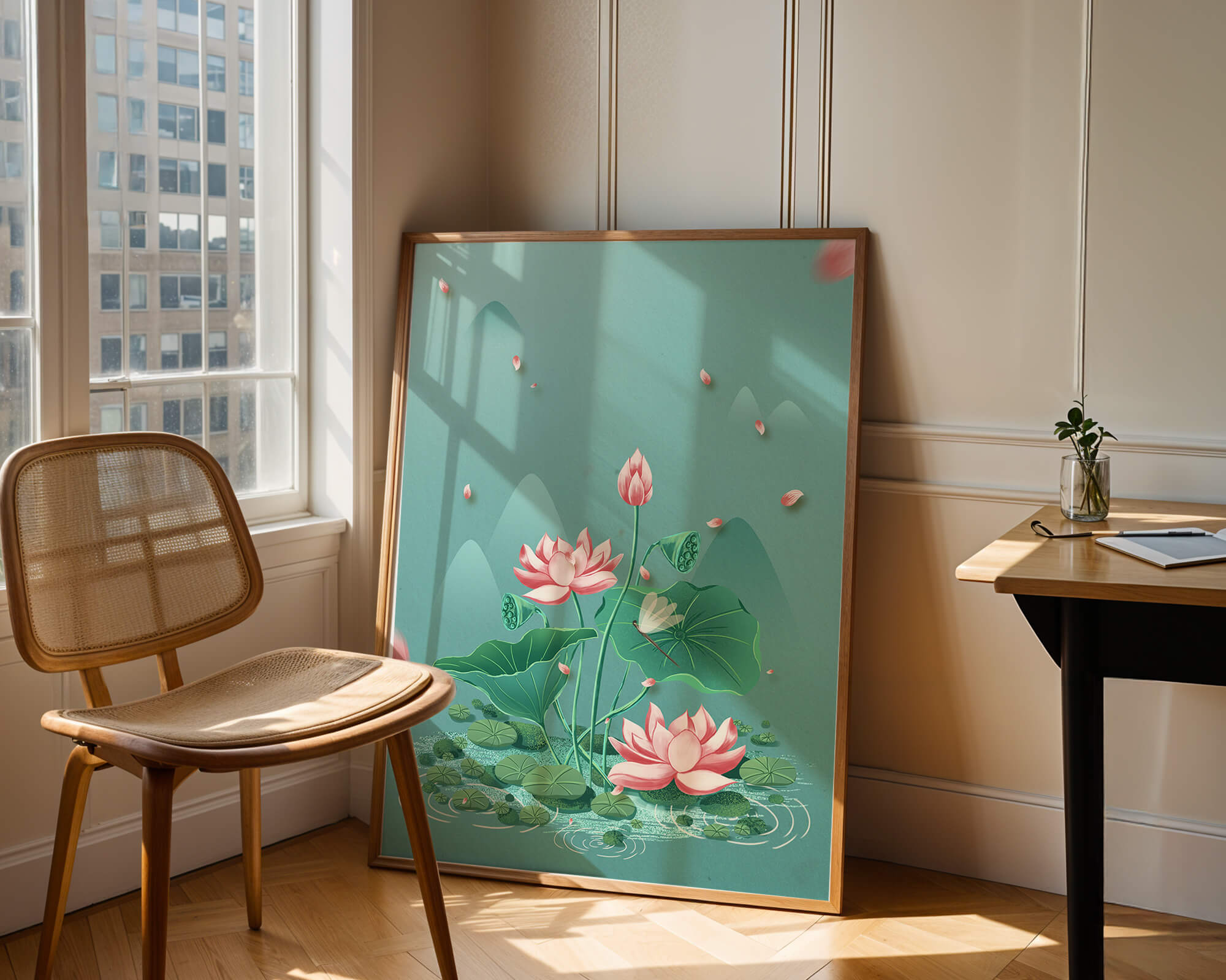 Serene illustration of lotus flowers in a tranquil pond setting with mountains
