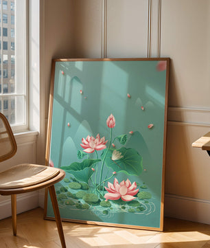 Illustration sereine de fleurs de lotus dans un étang paisible avec des montagnes