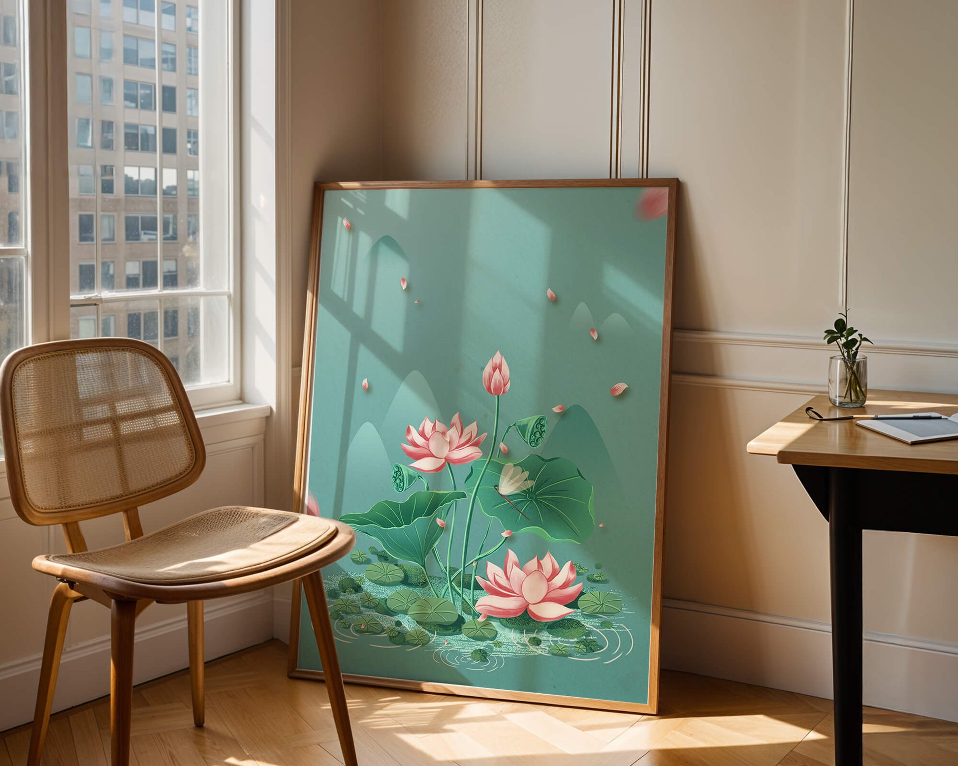 Serene illustration of lotus flowers in a tranquil pond setting with mountains