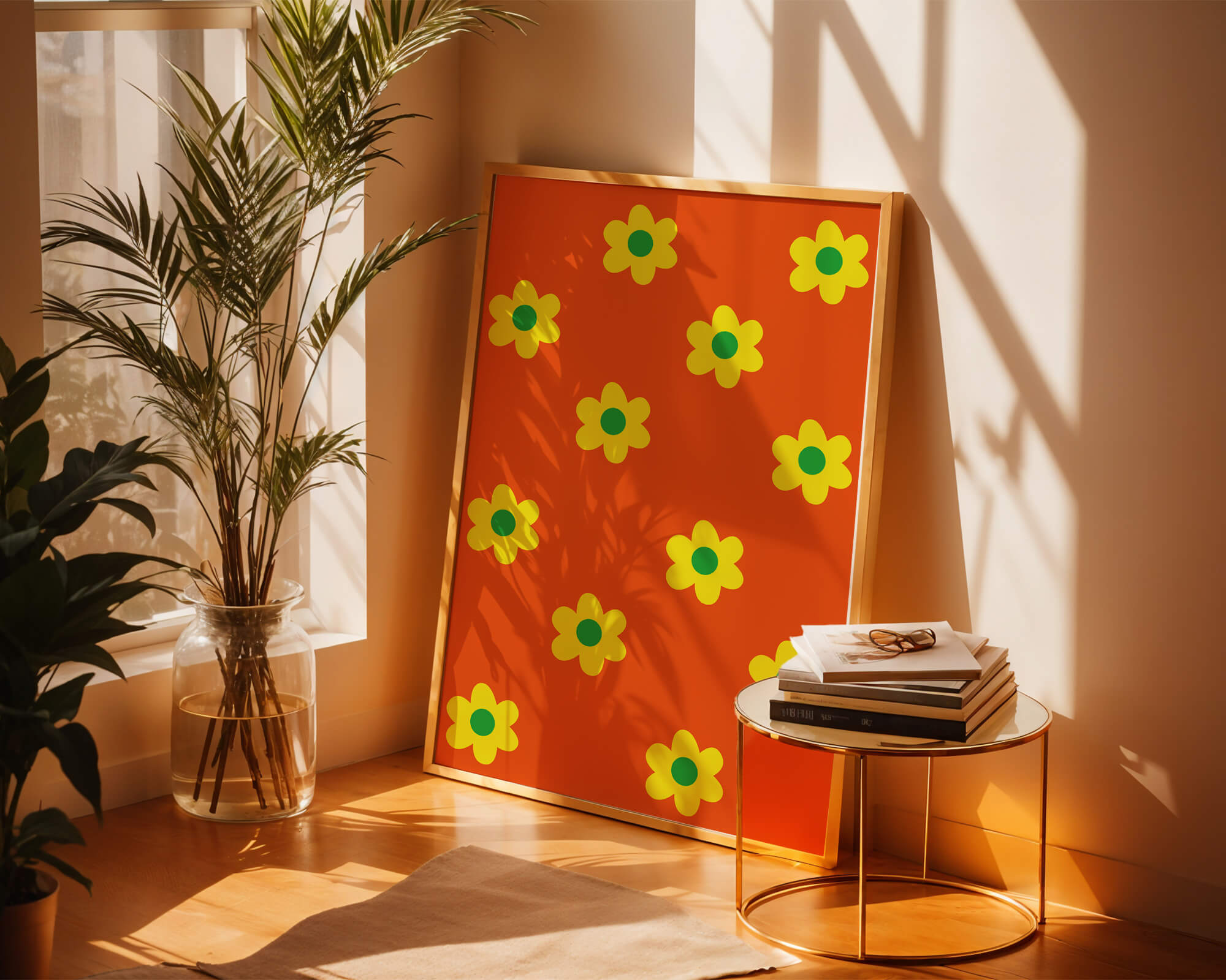 Colorful floral pattern with yellow flowers on orange background