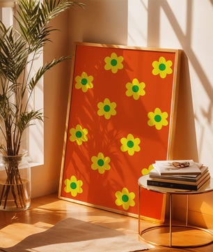 Buntes Blumenmuster mit gelben Blumen auf orangefarbenem Hintergrund