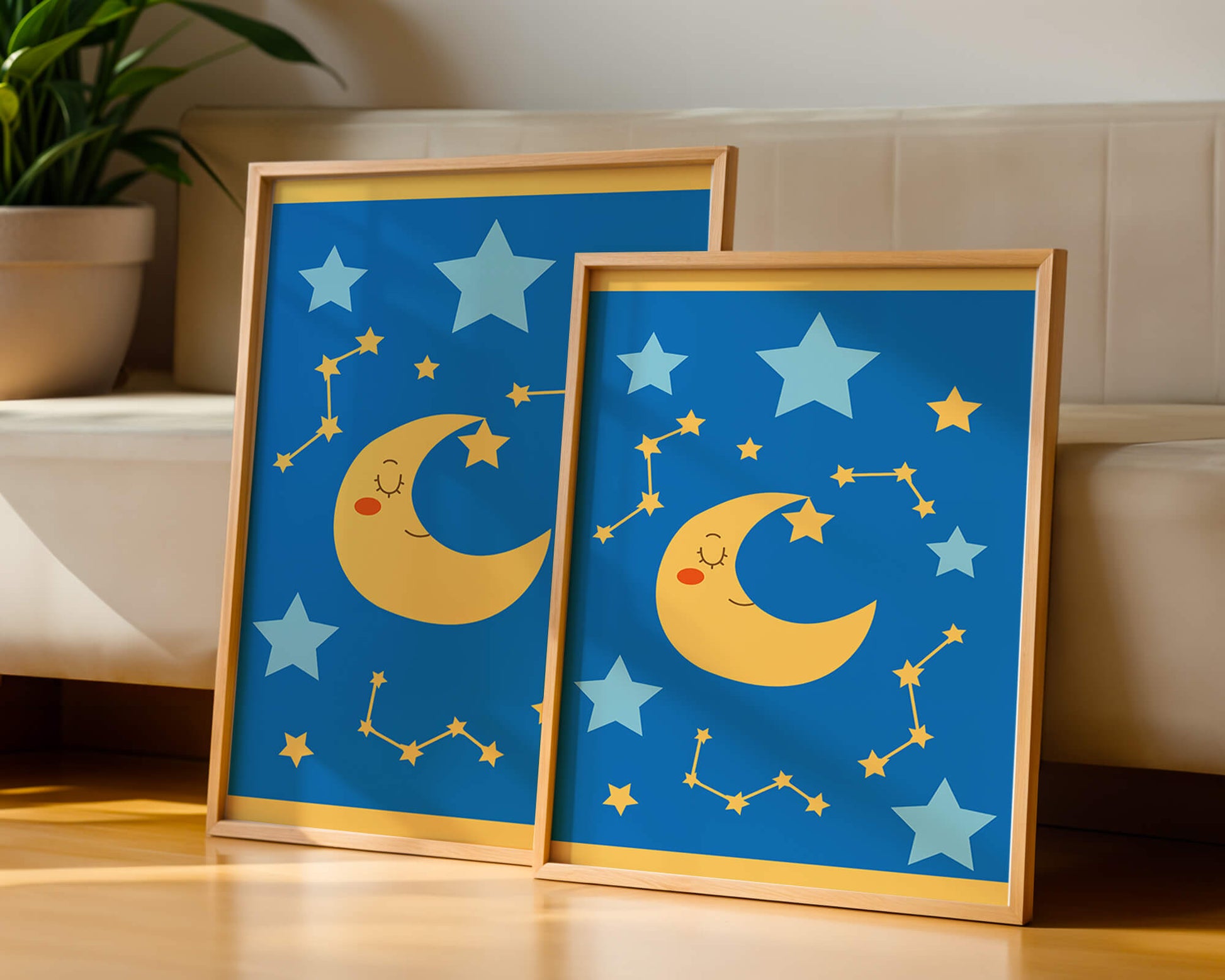 Whimsical children's room decor with smiling moon and stars