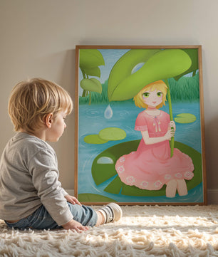Whimsical Illustration of a Young Girl in a Pink Dress Sitting on a Lily Pad