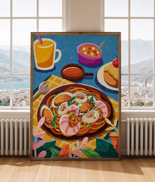Escena ilustrativa de desayuno colorida con pasta y bebidas