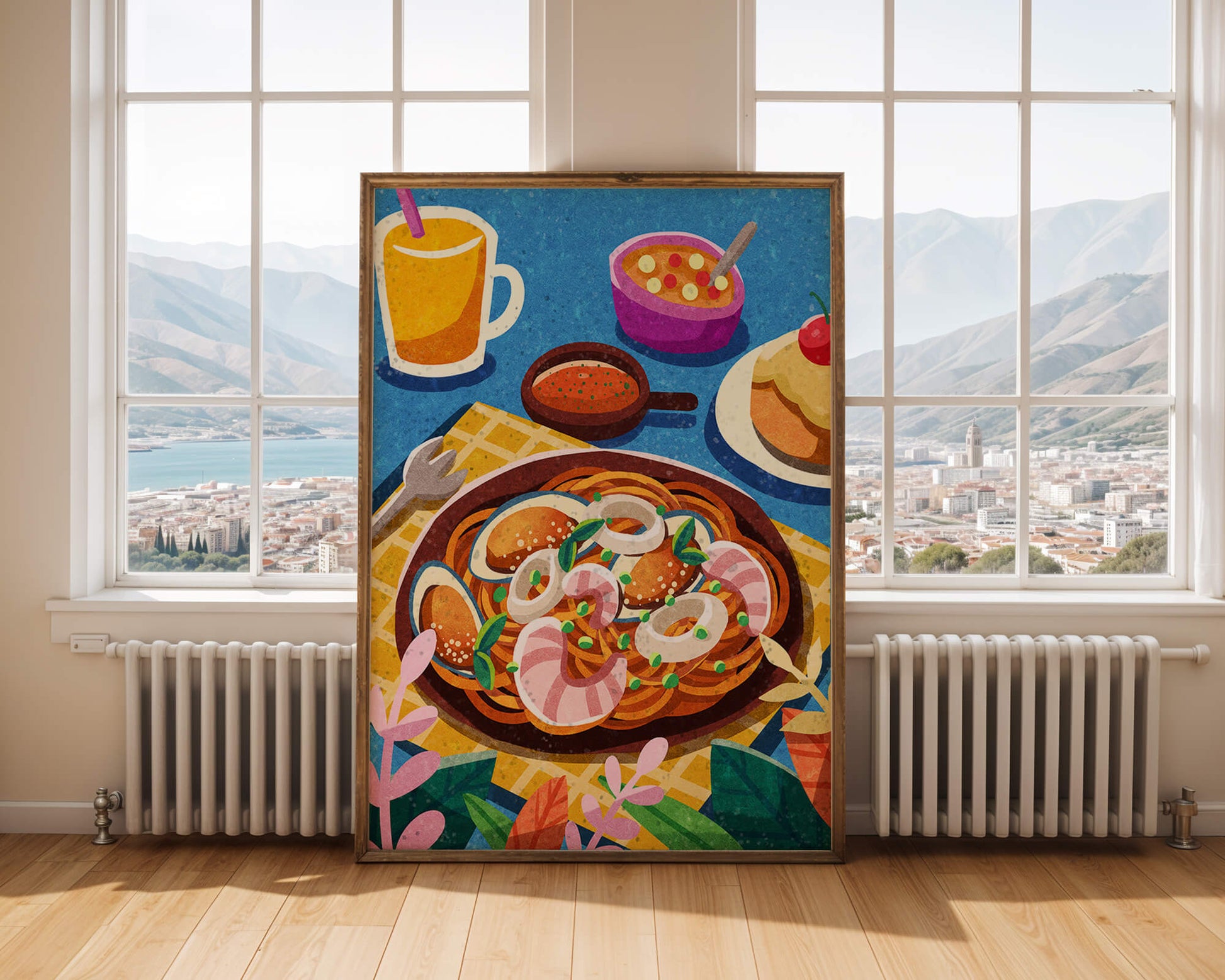 Colorful Illustrative Breakfast Scene with Pasta and Drinks
