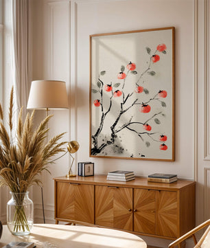 Elegant botanical illustration with vibrant red fruit on branches