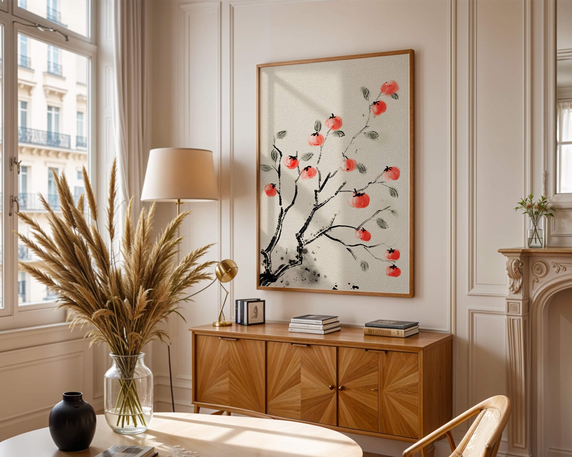 Elegant botanical illustration with vibrant red fruit on branches