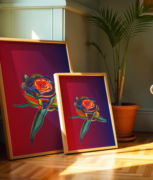 Rosa abstracta vibrante con colores dinámicos sobre fondo degradado