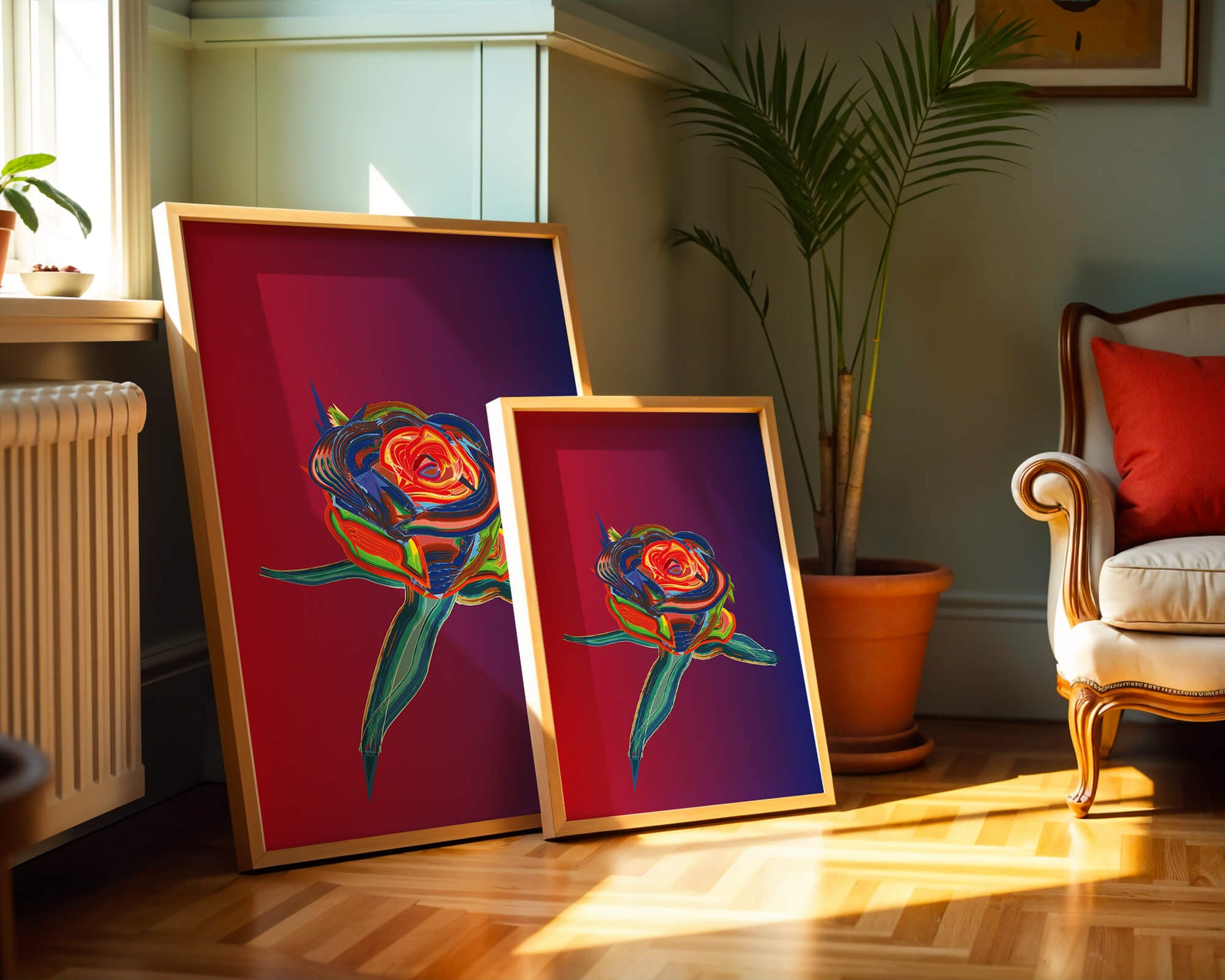 Rosa abstracta vibrante con colores dinámicos sobre fondo degradado