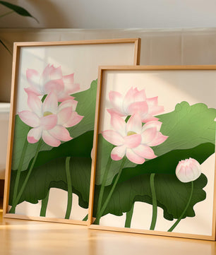 Delicate pink lotus flowers with verdant green leaves