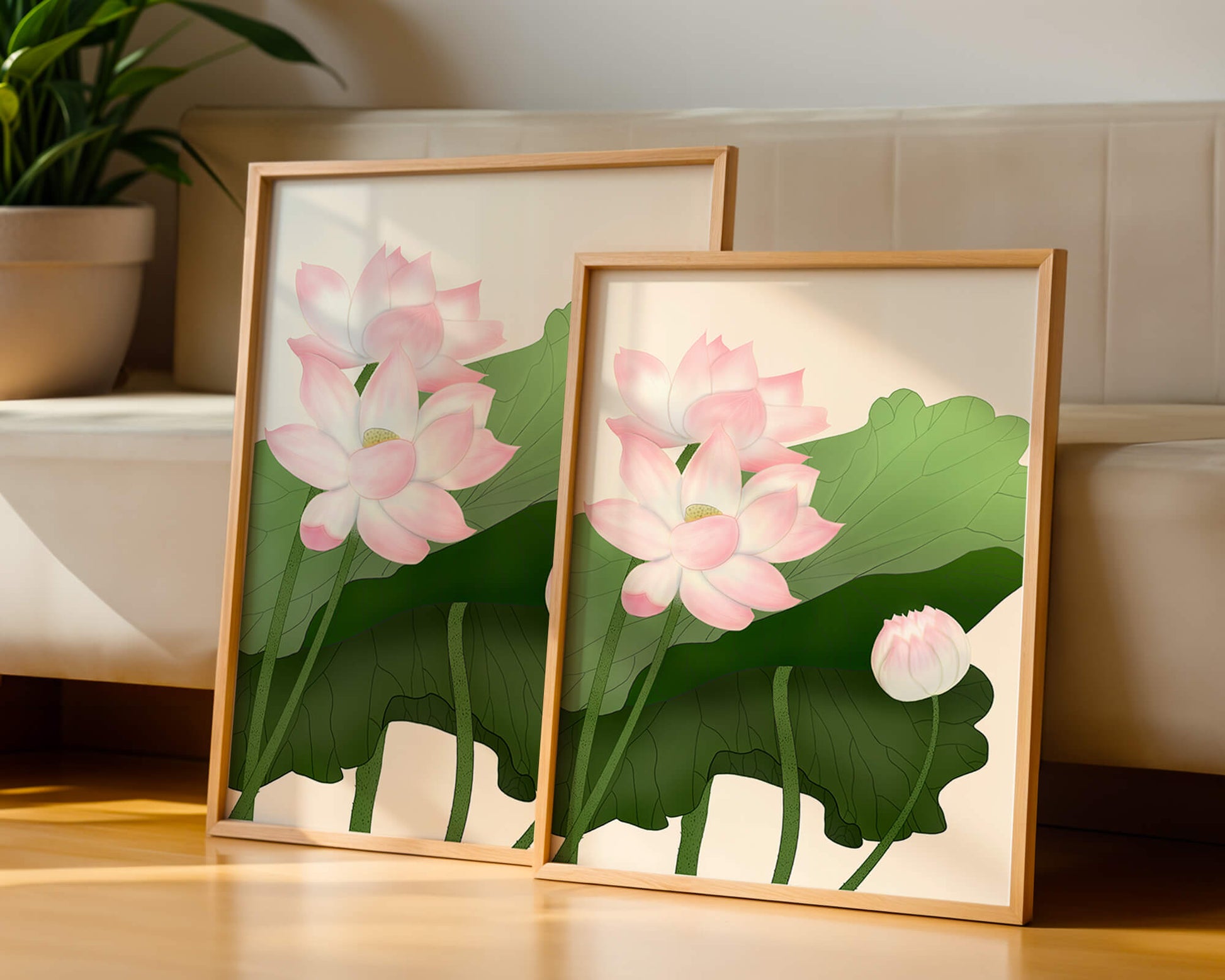 Delicate pink lotus flowers with verdant green leaves
