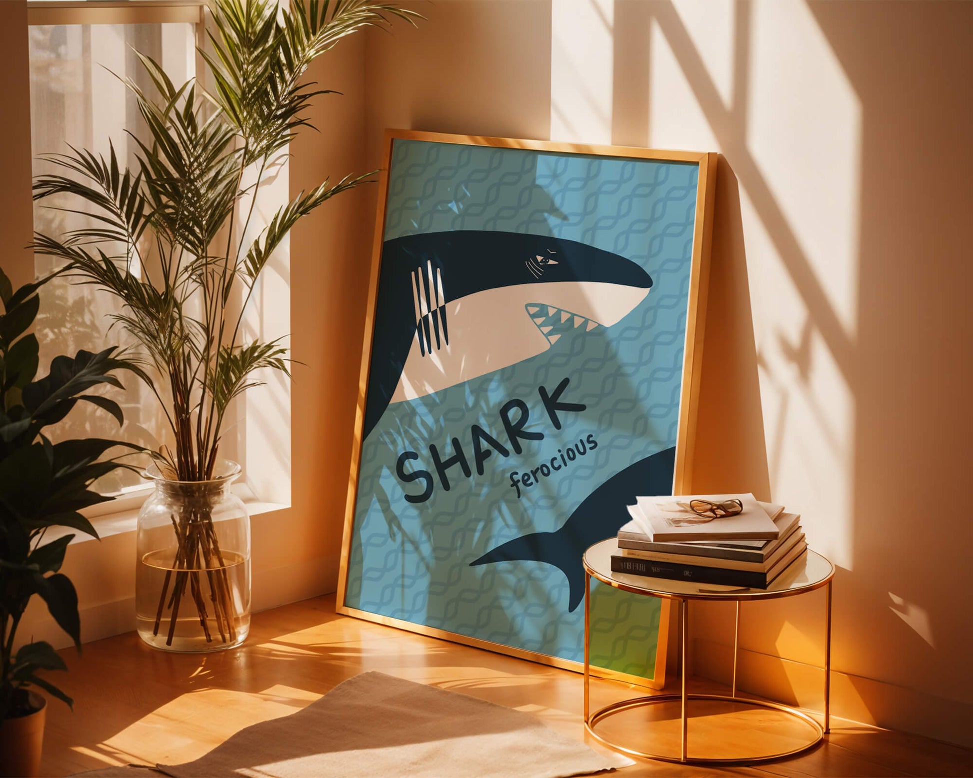 Illustrated shark graphic with blue background and typography