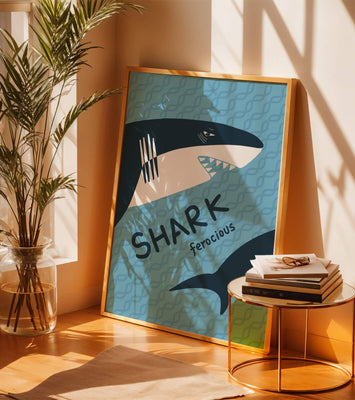 Illustrated shark graphic with blue background and typography