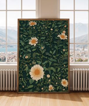 Floral pattern with daisies on a dark green background