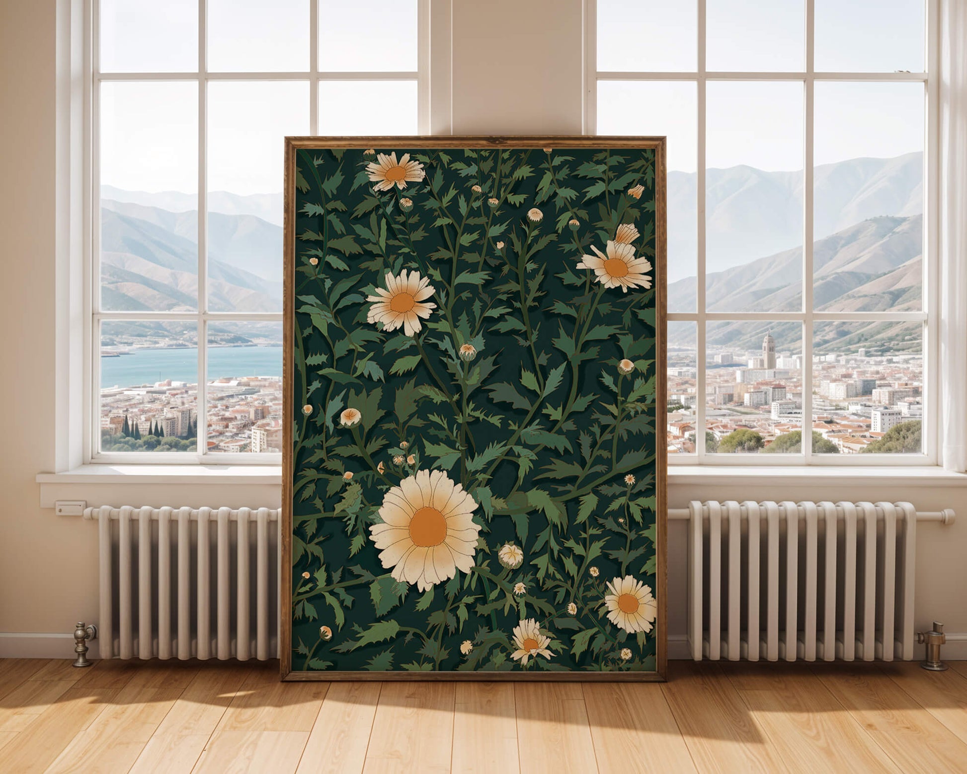 Floral pattern with daisies on a dark green background