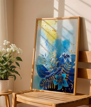 Floral illustration with blue leaves and golden accents on abstract background