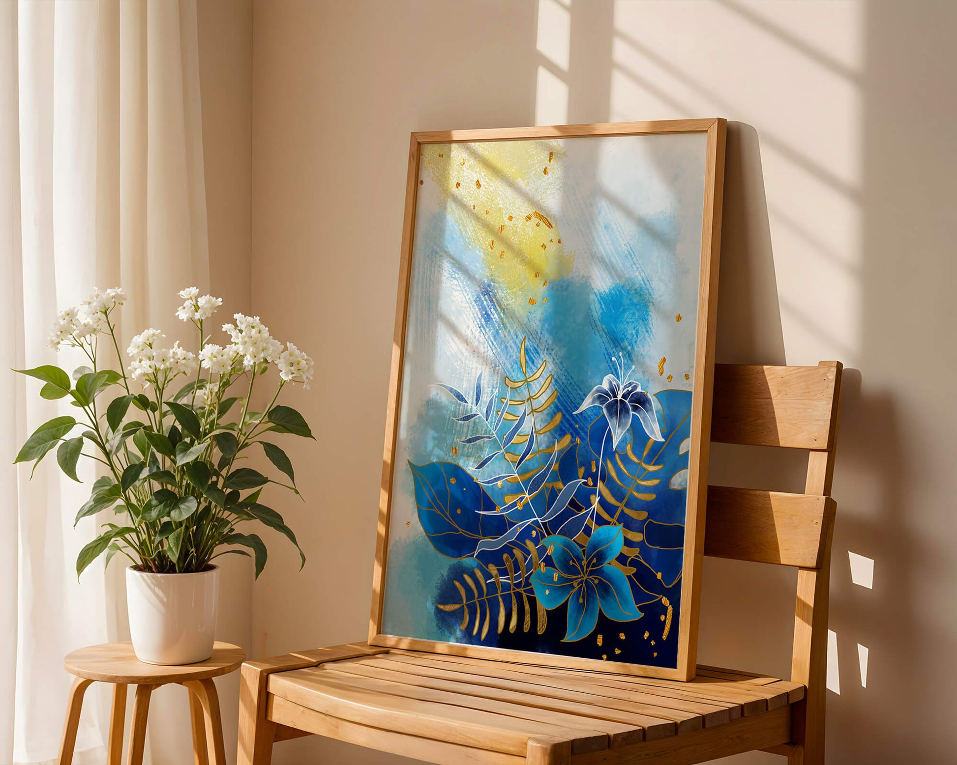 Floral illustration with blue leaves and golden accents on abstract background