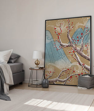 Traditional Japanese landscape with blooming cherry branches