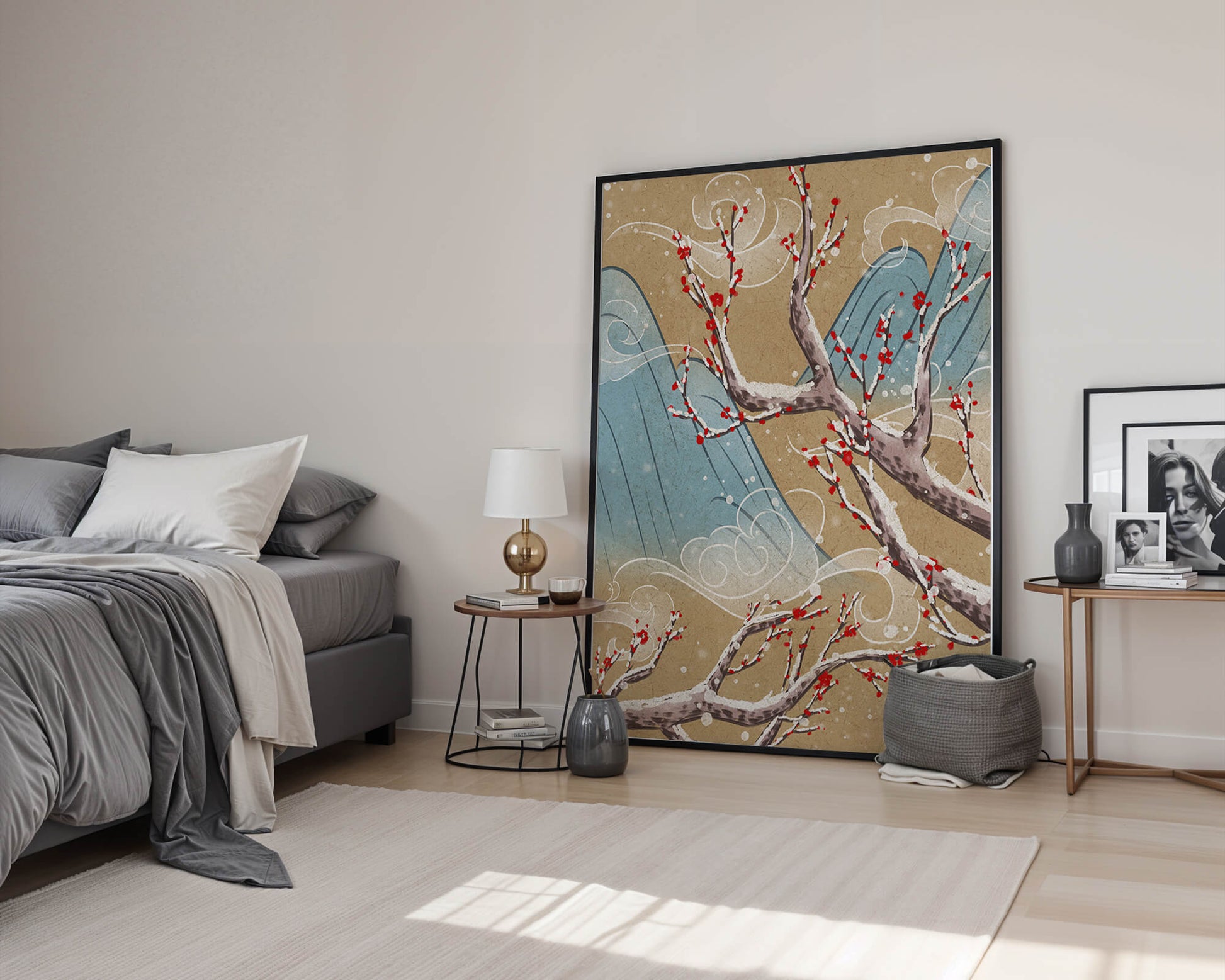 Traditional Japanese landscape with blooming cherry branches