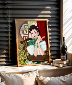 Elegant Woman in Traditional Asian Attire with Floral Background