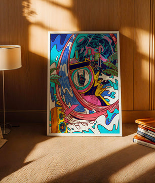 Vibrant abstract art with waves and neon elements
