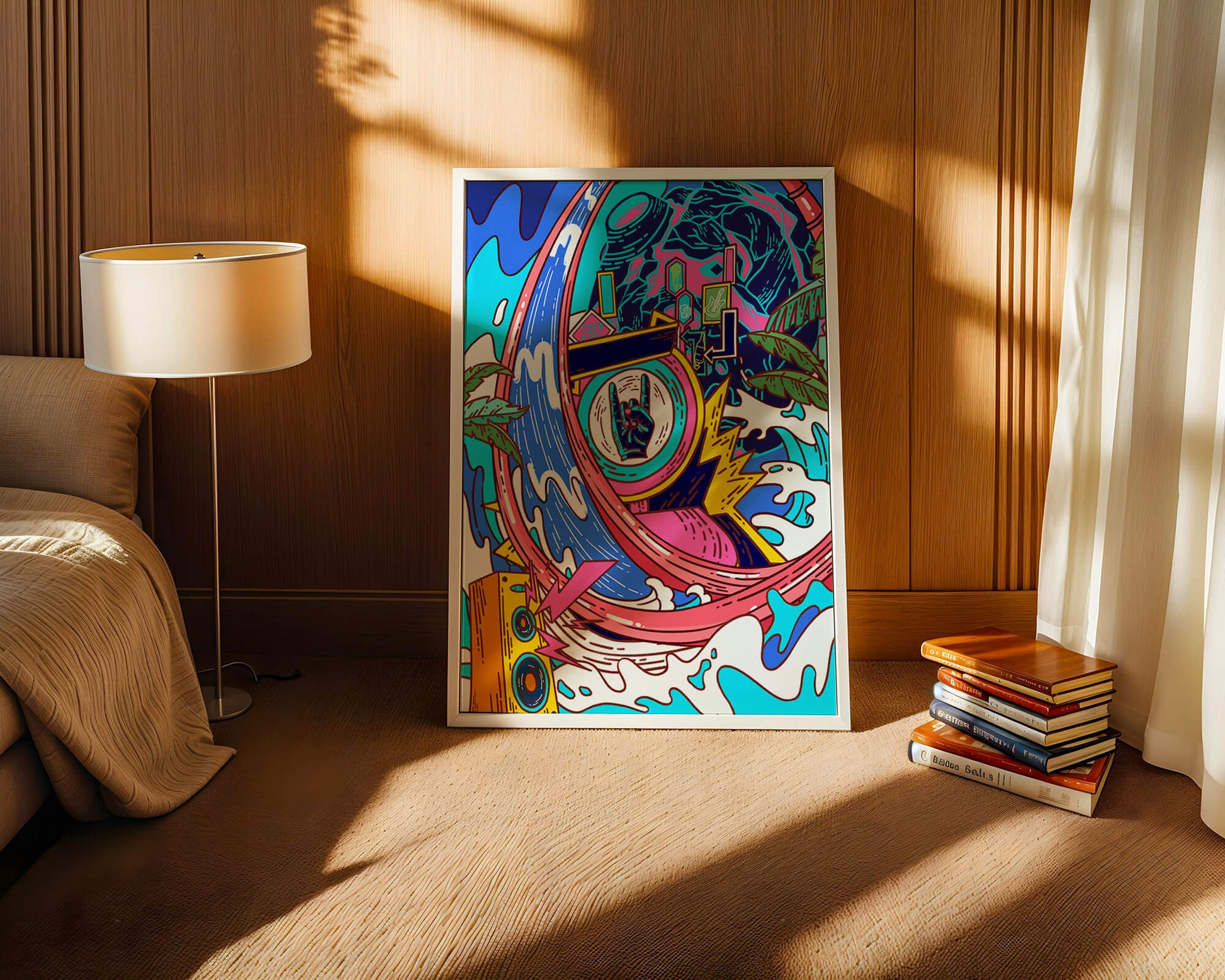 Vibrant abstract art with waves and neon elements